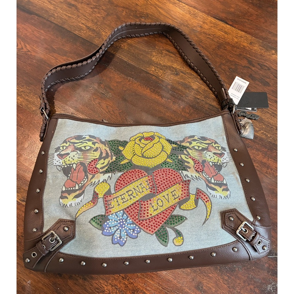 Ed Hardy~ Large Hobo Bag Demin Brown Leather Eternal Love Rhinestone Tiger Studs